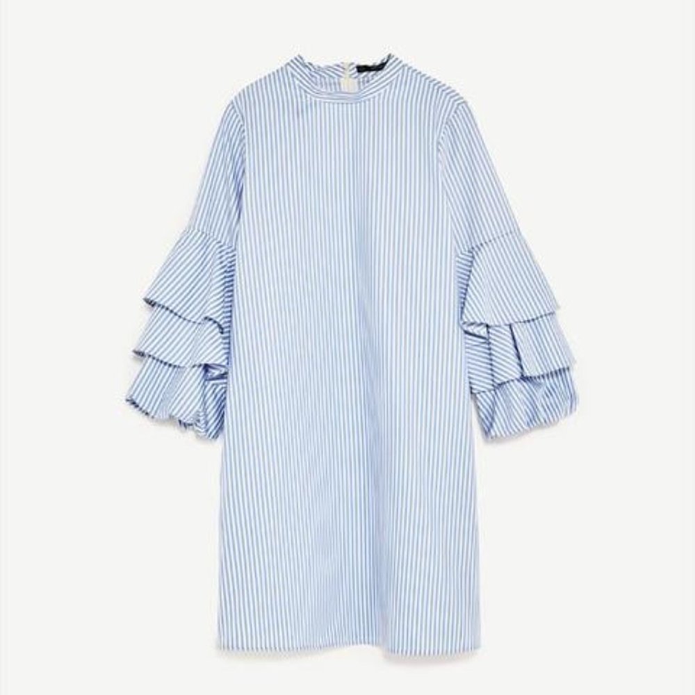 Zara Basic Stripe Shift Dress with Puff Sleeves XS - Picture 2 of 3